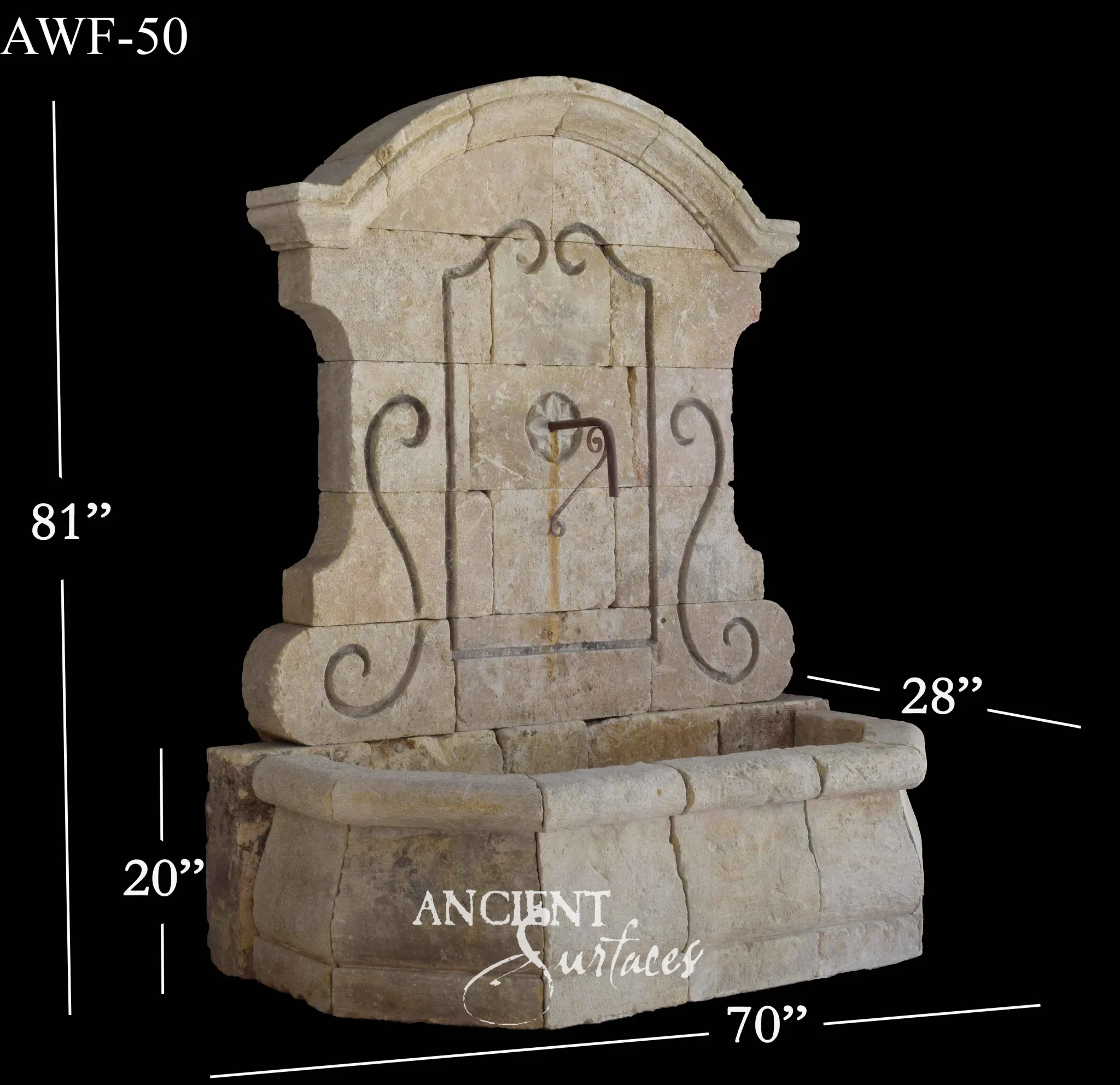 Reclaimed antique limestone wall fountain from Ancient Surfaces catalogued as AWF 50, with an arched crest, wrought iron scrollwork and a rectangular basin, 81 inches high